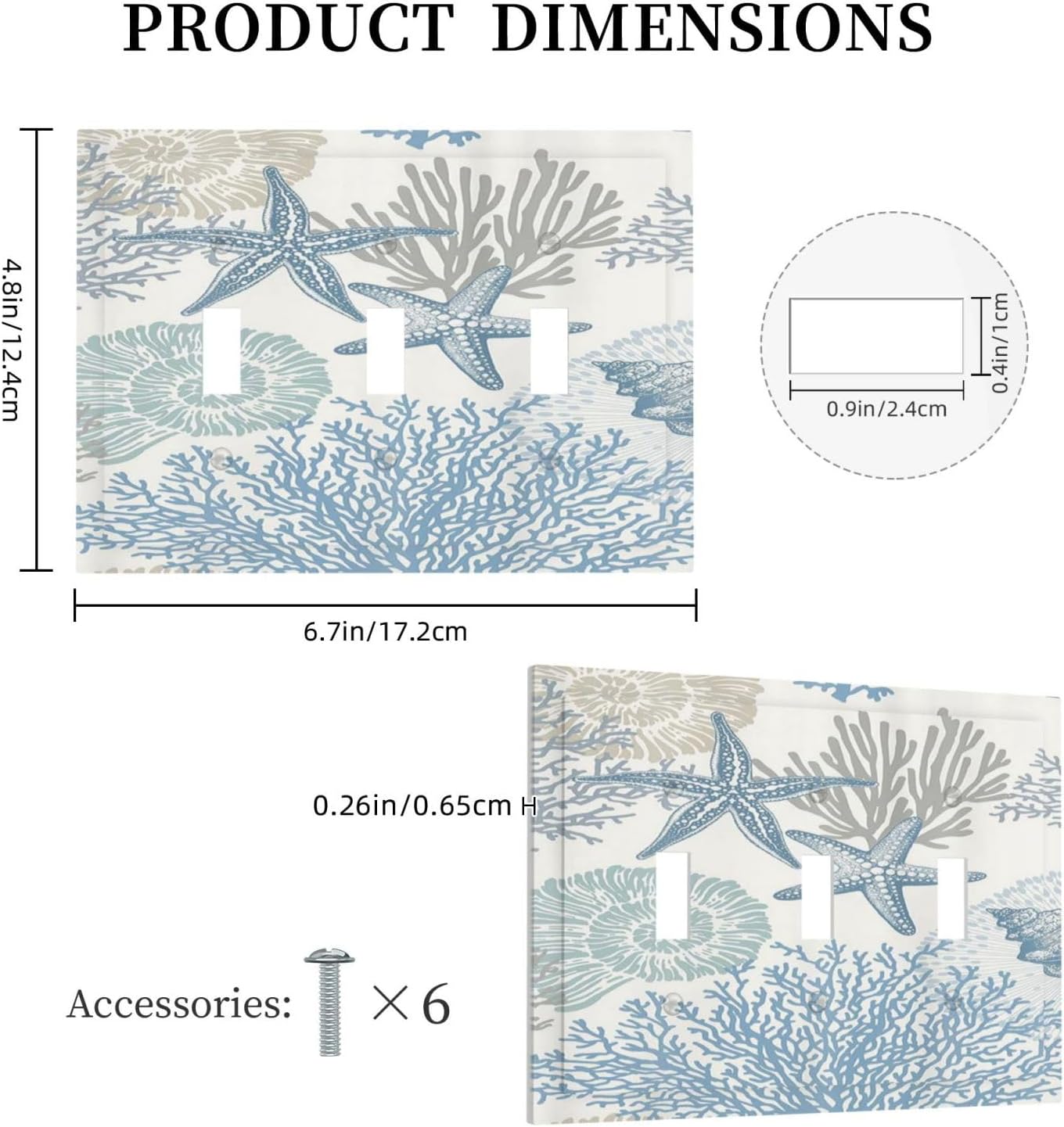 Decorative Light Switch Plate Covers Blue Starfish Coral Seaweed 3 Gang Light Switch Cover Plate Triple Toggle Wall Plate Outlet Covers for Bathroom Bedroom Decor