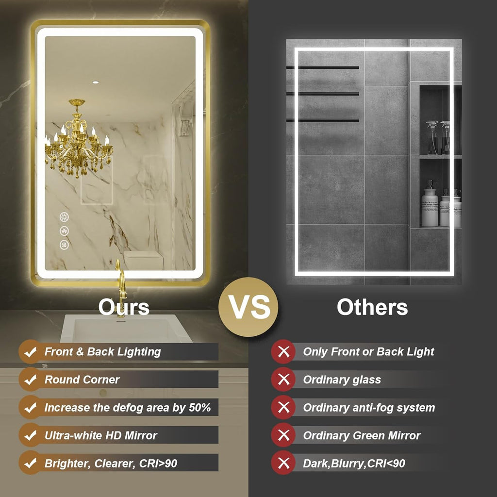 24''x36'' Gold Framed LED Bathroom Mirror with Lights, Built-in Bluetooth Speaker, Dimmable Lighted Bathroom Vanity Mirror with 3 Colors, Backlit + Frontlit, Memory Function, Anti-Fog