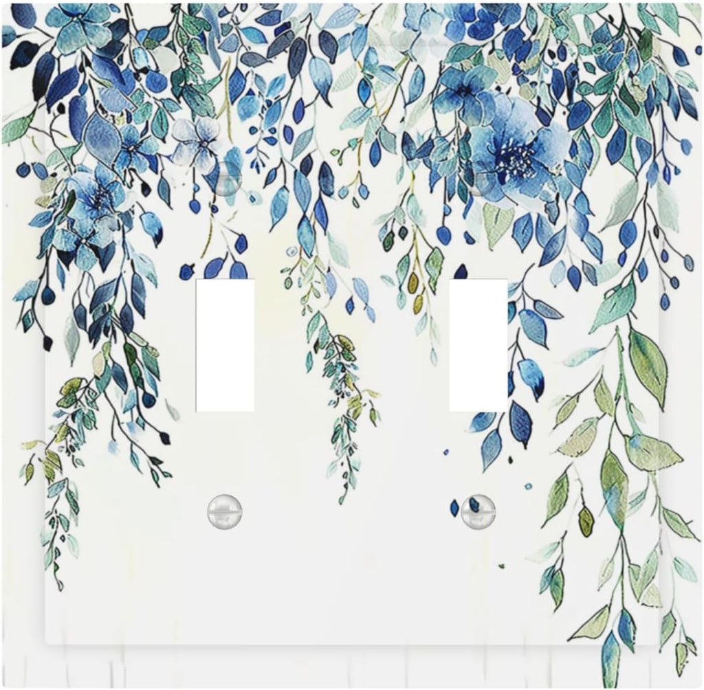 Decorative Switch Plates Boho Vintage Flowers Blue Green Sage 2 Gang Double Toggle Outlet Light Switch Cover Wall Plate Electrical Faceplate for Bedroom Farmhouse Decor