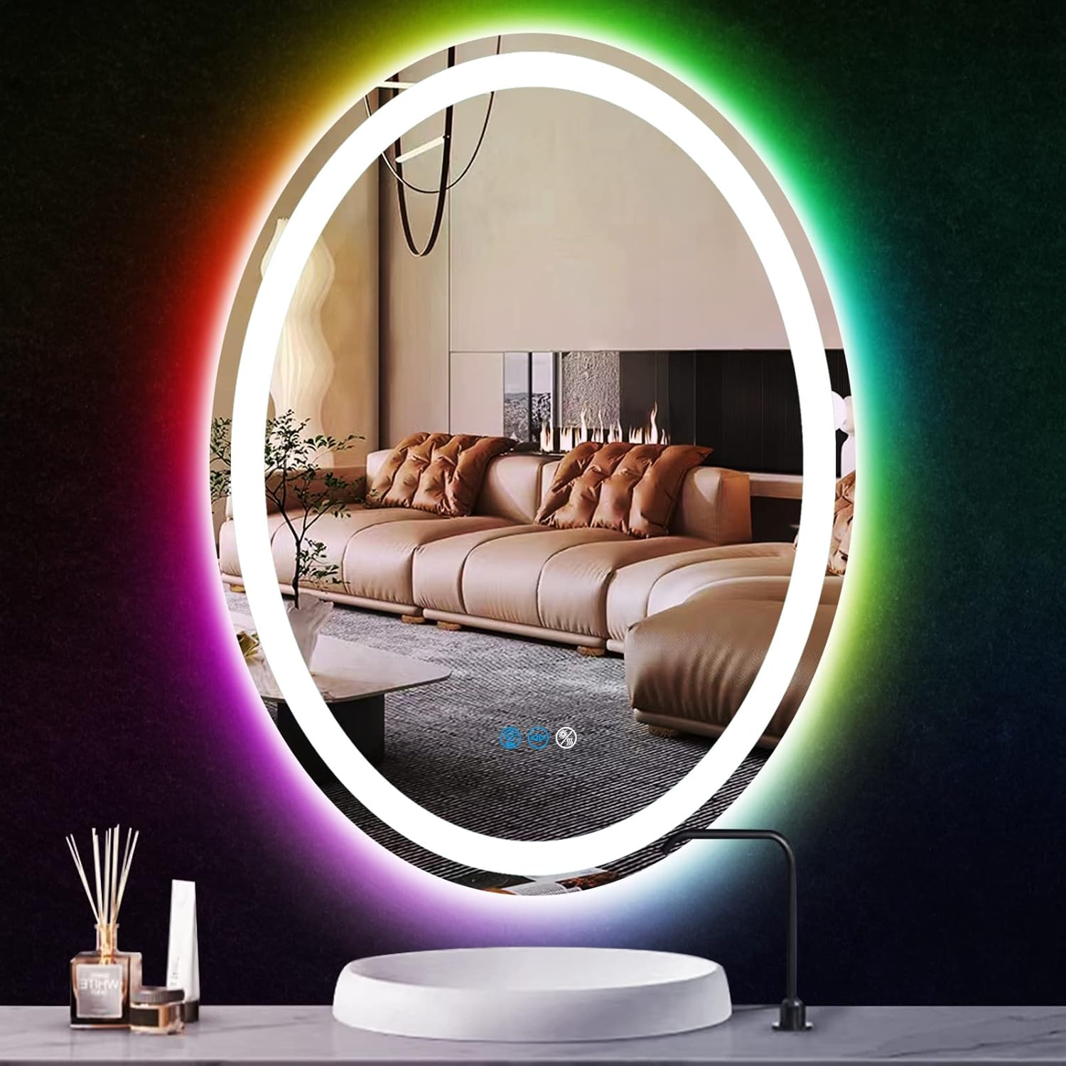 THEKLA 24 x 32 Inch LED Oval Mirror with 3 Color Front Lights + RGB Rainbow Color Changing Backlit Oval Lighted Vanity Mirror for Bathroom Wall Dimmable AntiFog 32in Ovals Smart Light up Mirrors