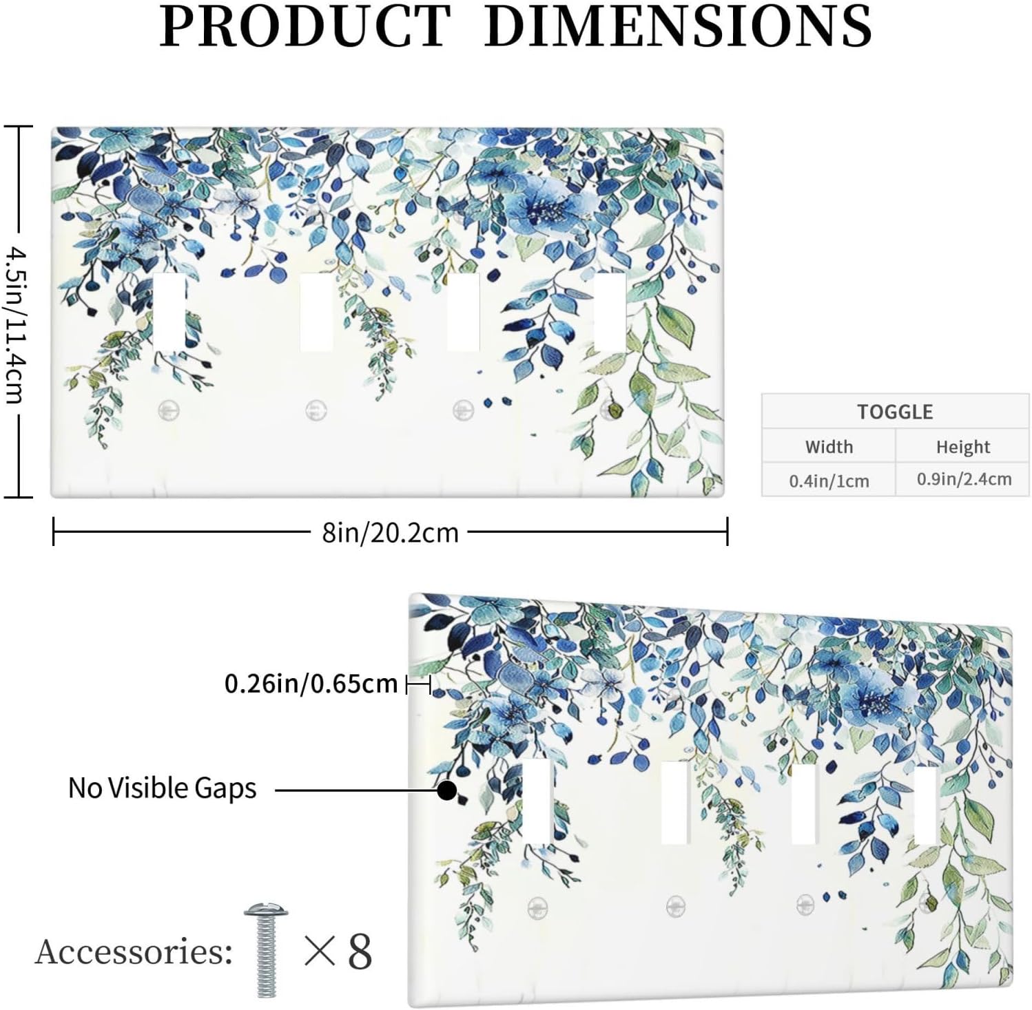 Light Switch Covers Boho Vintage Flowers Blue Green Sage Quad Toggle Electrical Faceplate 4 Gang Wall Plate Decorative Switch Plates for Bedroom Farmhouse Decor