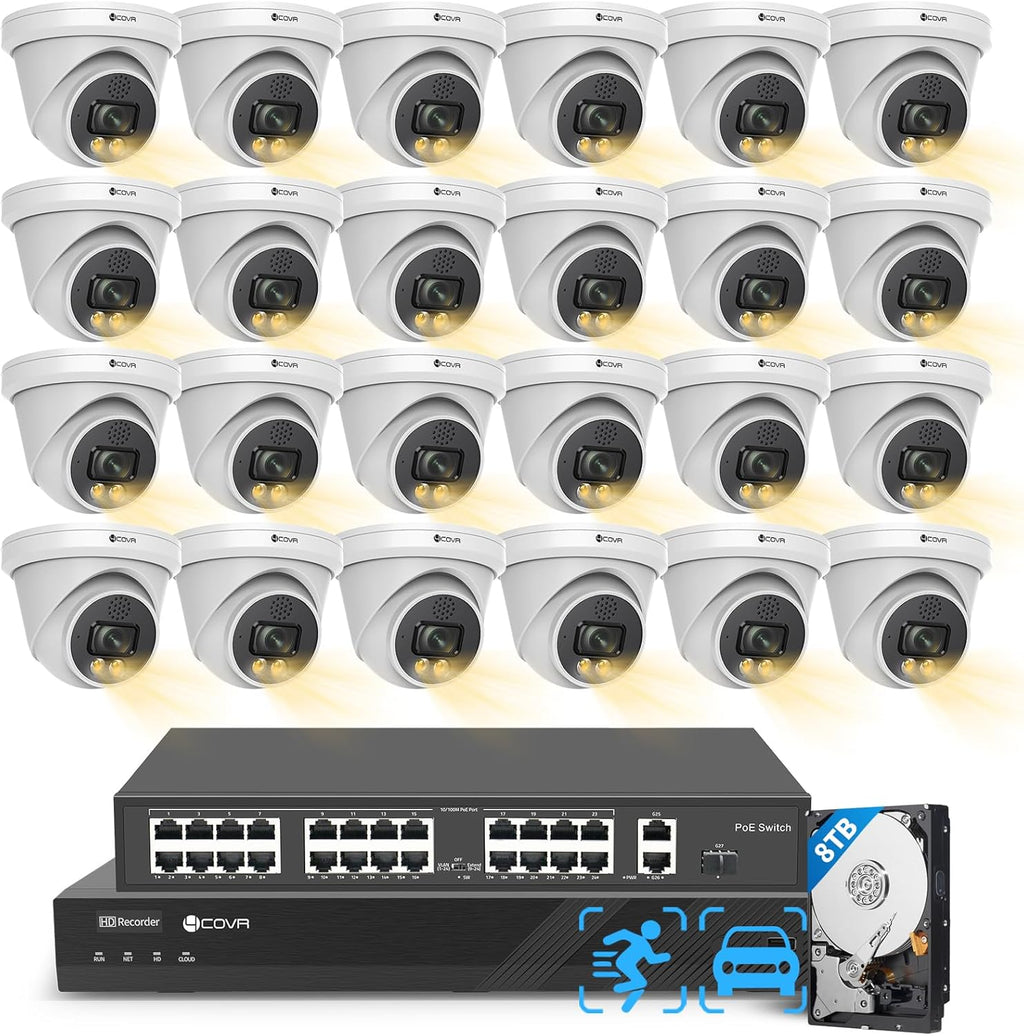 4COVR 32 Channel Security Camera System PoE 2-Way Talk & Dual Lights Smart Full Color Night Vision, AI Human Vehicle Detection, UHD NVR 8TB HDD, 24X 5MP Business Dome IP Camera IP67, LY97KA5M3224