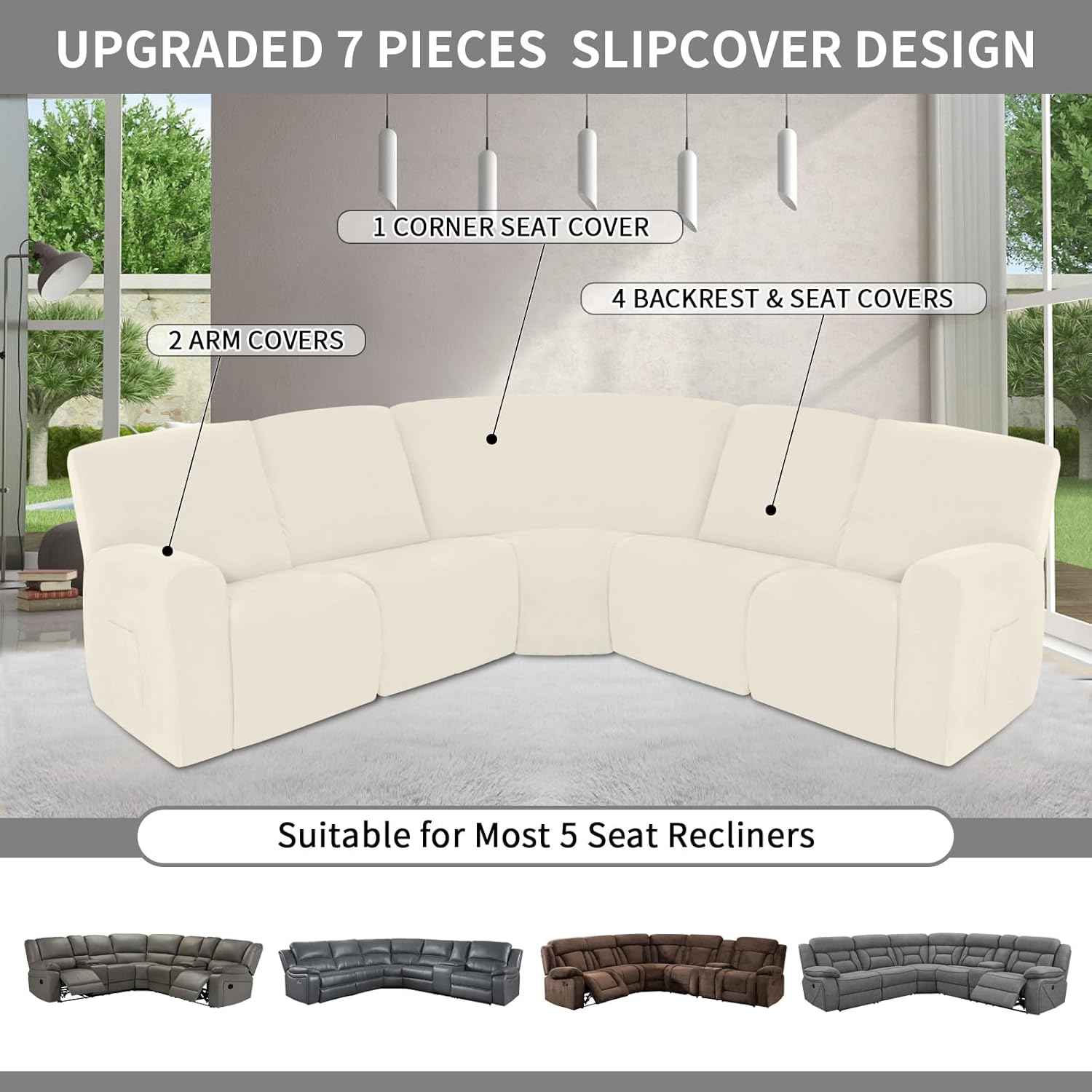 Easy-Going 100% Waterproof Recliner Cover, Stretch Couch Covers for Reclining Couches, Extra Large Sectional Sofa Slipcover, L-Shape Furniture Protector for Kids & Pets, 5 Seater, Beige