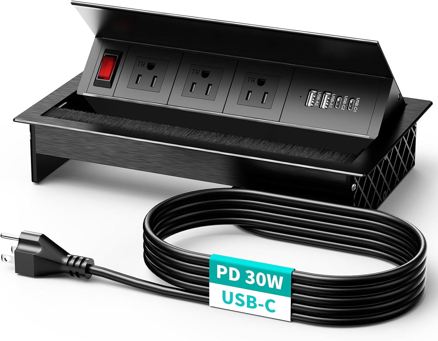 QBA Tabletop Brush Connectivity Box Outlet, Recessed Power Strip with USB-C 30W, 3 TR Outlets, 4 USB Ports, for Home Office, Black