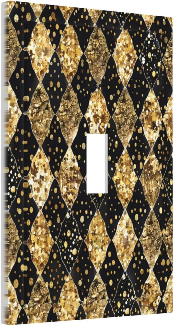 Gold Black Marble Geometric Plaid Glitter Decorative Light Switch Cover 1 Gang Single Toggle Decorator Outlet Wall Plate Device Electrical Faceplate Switchplates for Bedroom Bathroom Decor