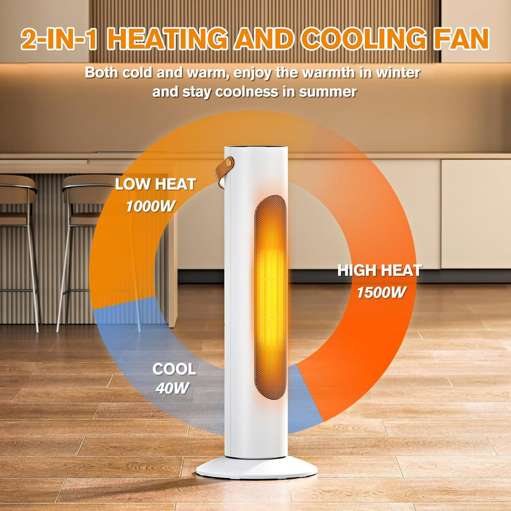 Electric Space Heaters For Indoor Use, 25" 2-IN-1 Tower Heater And Fan Combo, 70°Oscillating, 2S Instant Heating, 1500W, 3 Heating & Fan Modes,Electric Portable Heater For BedroomOfficeHome, White