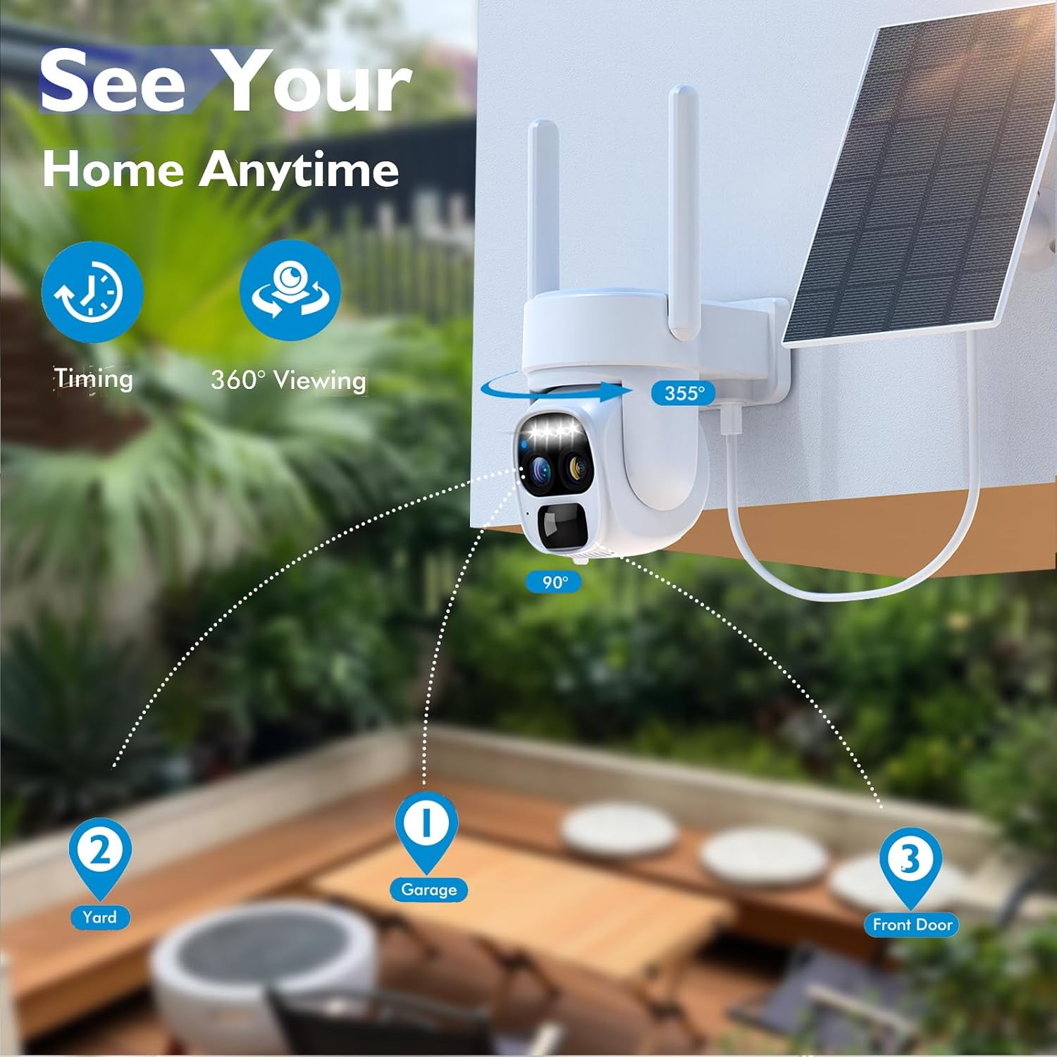 Hawkray Pannel Solar Wireless Outdoor Battery Security Camera， Dual-Lens, 10xZoom, 2K Resolution 3MP 360°Pan/Tilt，2.4&5G WiFi Powered Camera