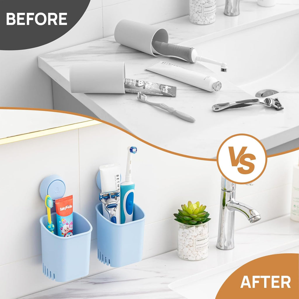 LEVERLOC Powerful Suction Cup Toothbrush Holder, No Drill Removable Wall Shower Holder for Toothbrush, Toothpaste, Razor, Self-draining Suction Cup in Shower, Kitchen Tableware Organizer, Blue, 2 Pack