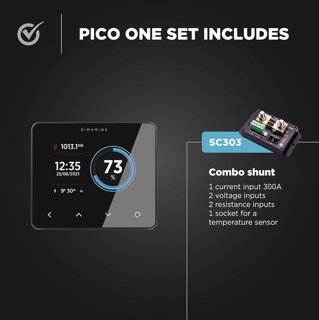 Simarine Pico One Battery Monitor Set, Multi-Voltage System Monitoring, Lead Acid & Lithium Battery Compatible, Tank & Temperature Monitoring, Shunt 300 A, Easy Installation, Barograph (Silver)