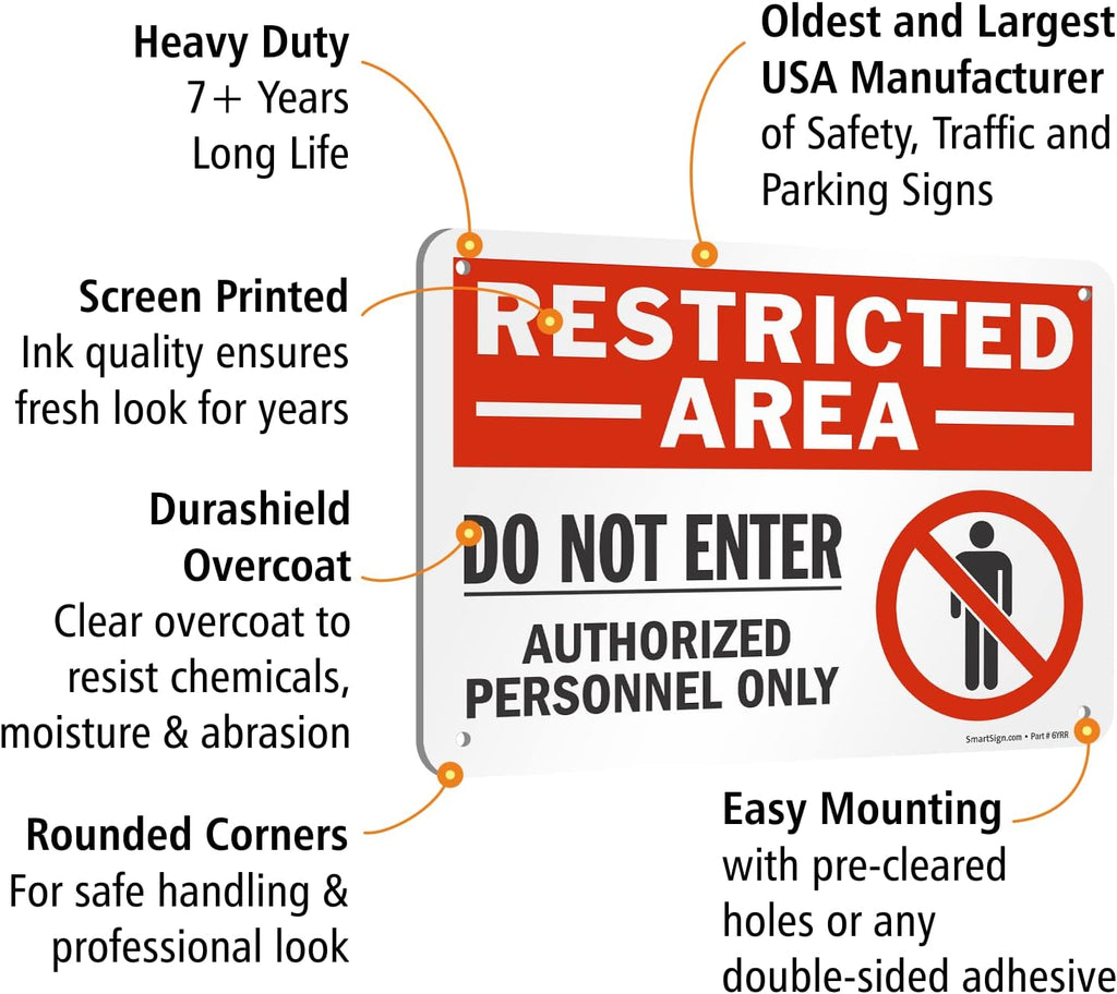 SmartSign 7 x 10 inch “Restricted Area - Do Not Enter, Authorized Personnel Only” Metal Sign with Symbol, 40 mil Laminated Rustproof Aluminum, Red, White and Black, Made in USA