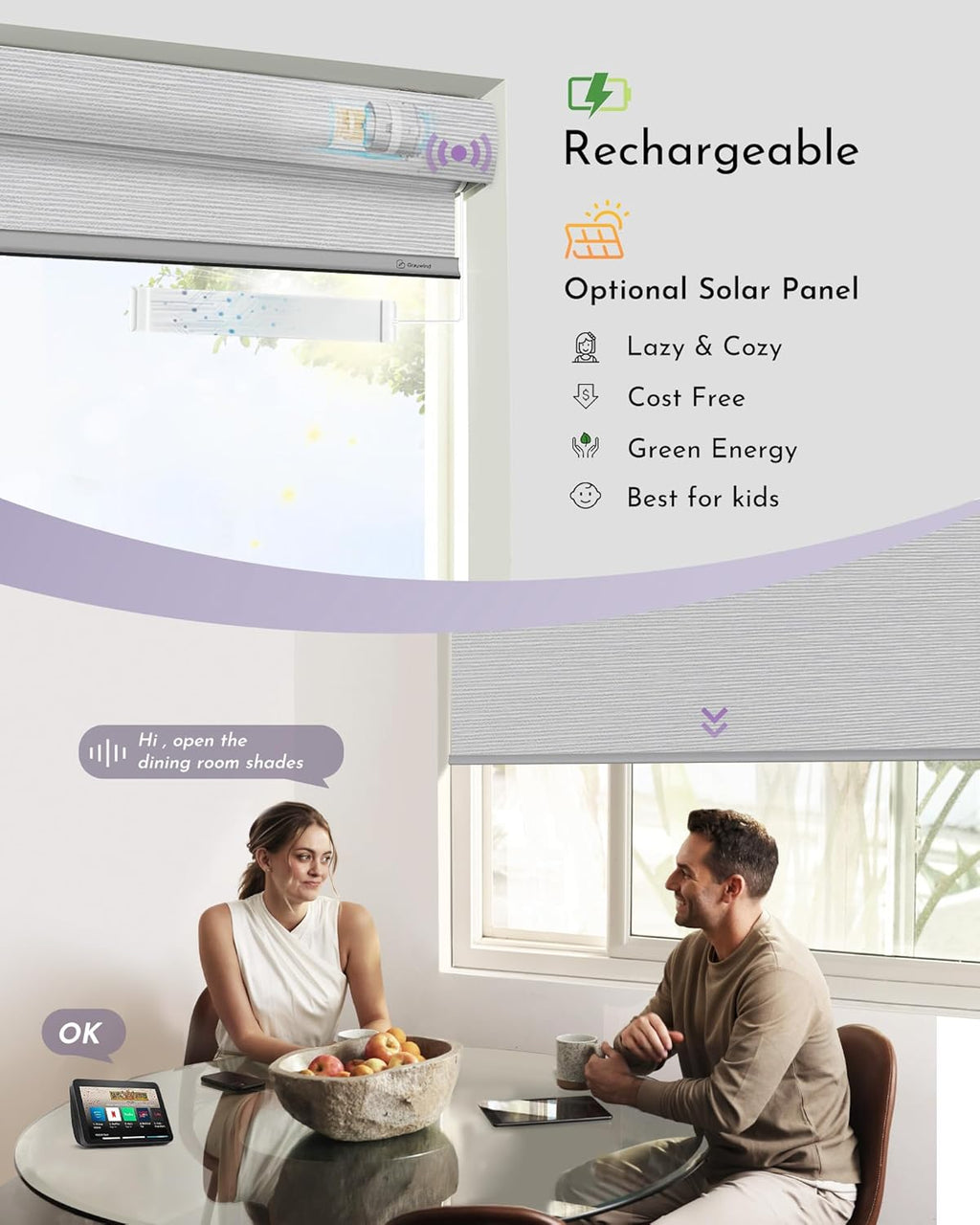 Graywind Smart Blackout Roller Shades Compatible with Alexa Google Textured Gleaming Fabric Rechargeable Motorized Blinds Cordless Remote Control Window Shades, Custom Size (Striped Light Grey)