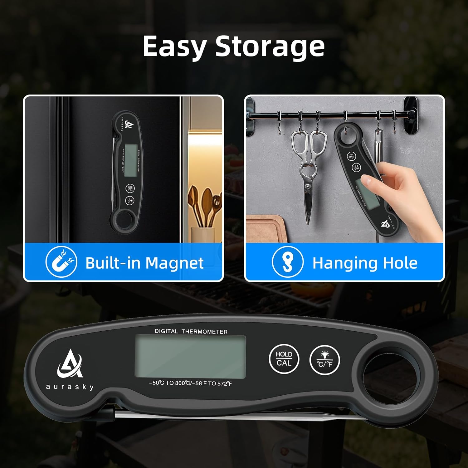 Aurasky Instant-Read Meat Thermometer Digital for Cooking and Grilling, Waterproof Food Thermometer with Backlight, Calibration & Hold Function for Kitchen, BBQ, Deep Fry, Candy, Liquid (Black)