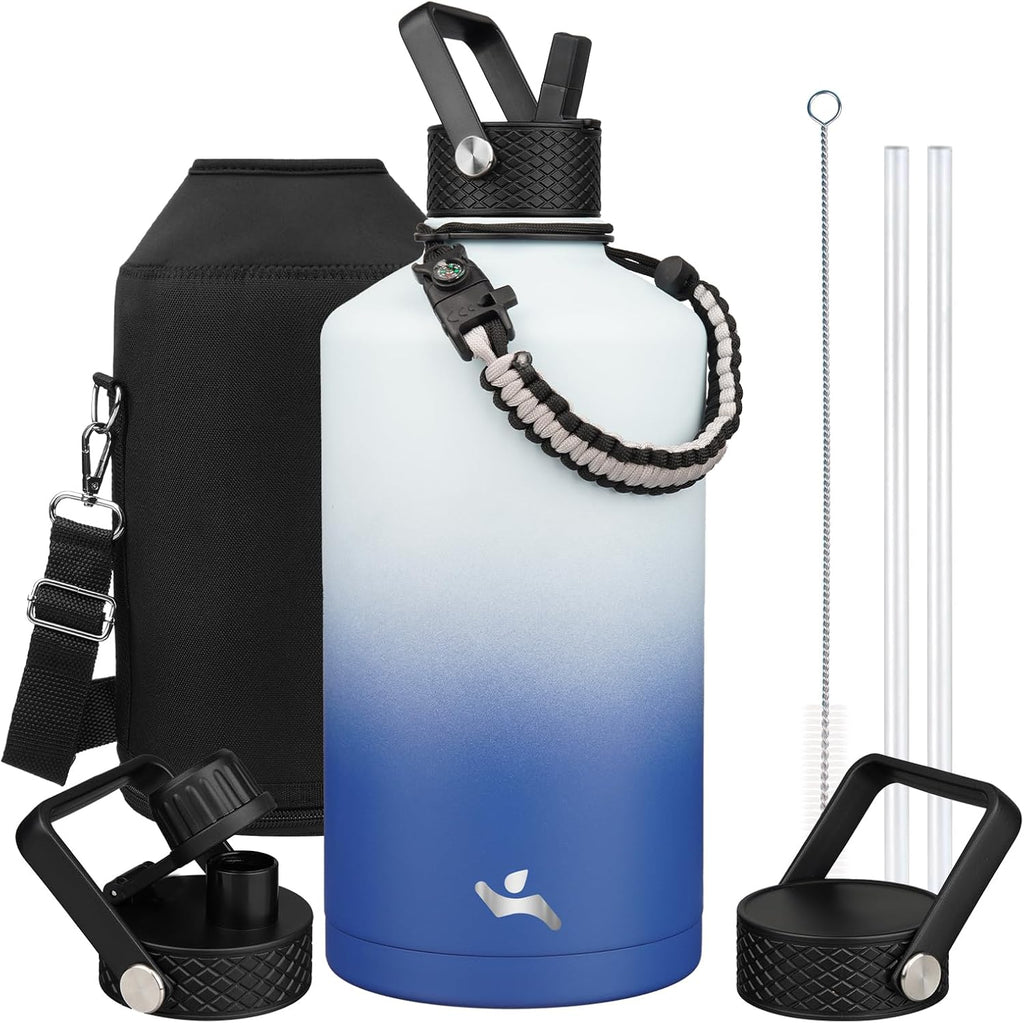 Gallon Insulated Water Bottle with Straw,128 oz 3 Lids Water Jug with Carrying Bag,Paracord Handle, Double Wall Vacuum Stainless Steel Metal Flask,Sky
