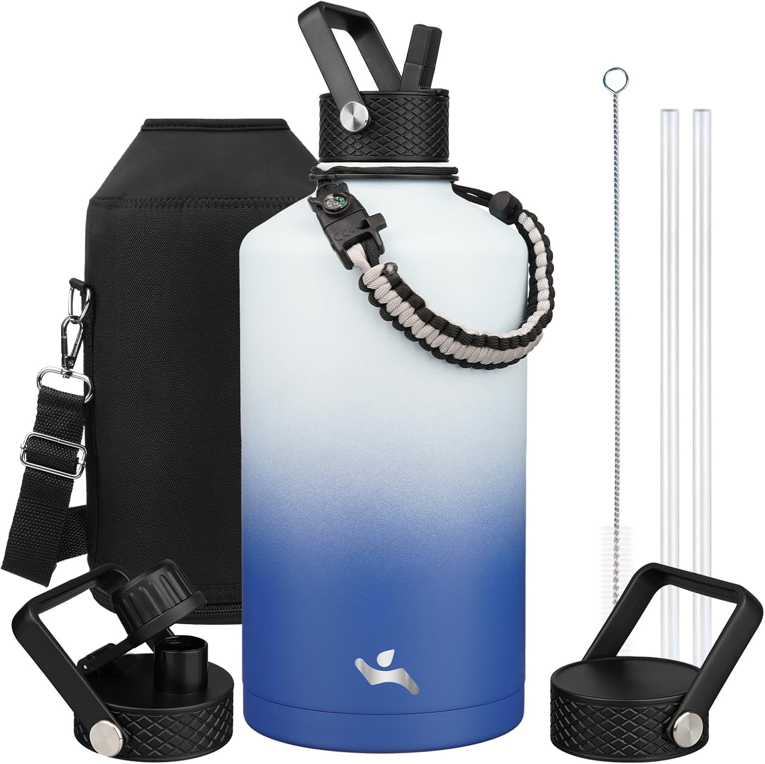 Gallon Insulated Water Bottle with Straw,128 oz 3 Lids Water Jug with Carrying Bag,Paracord Handle, Double Wall Vacuum Stainless Steel Metal Flask,Sky