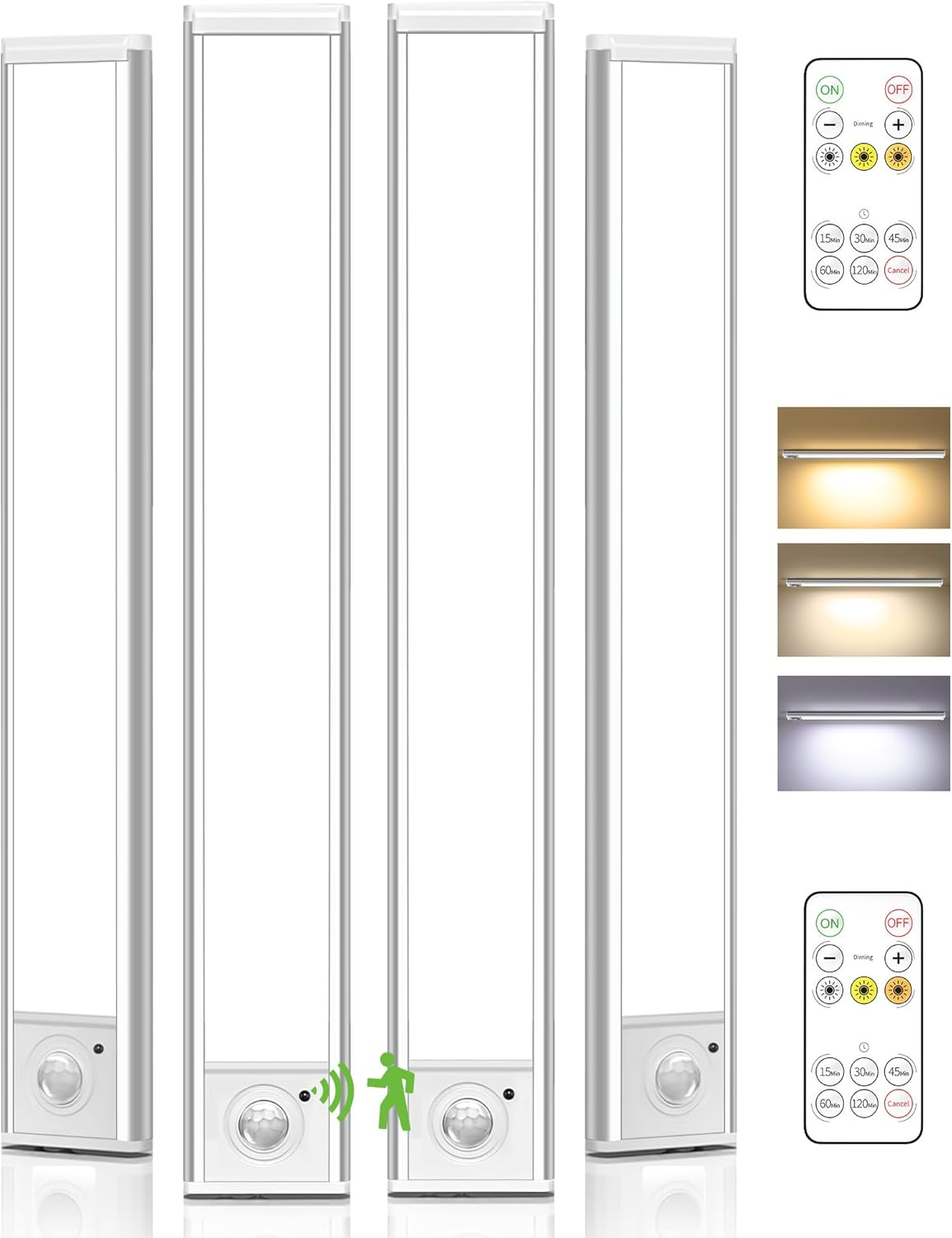4Pack 12inch Under Cabinet Lighting, Rechargeable Motion Sensor Light Wireless Indoor, Dimmable 3 Color Temps Closet Lights with Remote, Indoor Under Counter LED Lights for Kitchen, Stairs