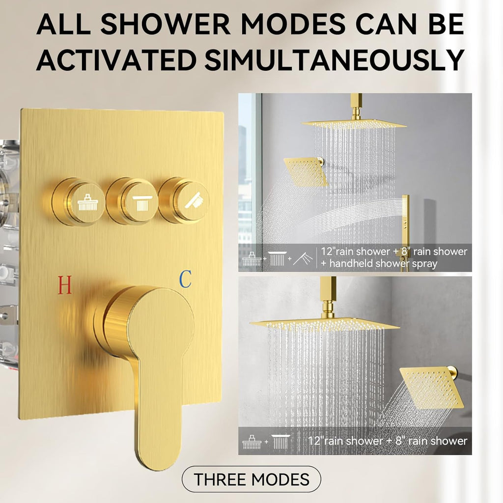 Brushed Gold Shower System, STARBATH 12+8" Rainfall Shower System with Square Shower Head and Handle Set Ceiling Mount, Can Use All at Once Push Button Diverter Pressure Balancing Valve with Trim Kit
