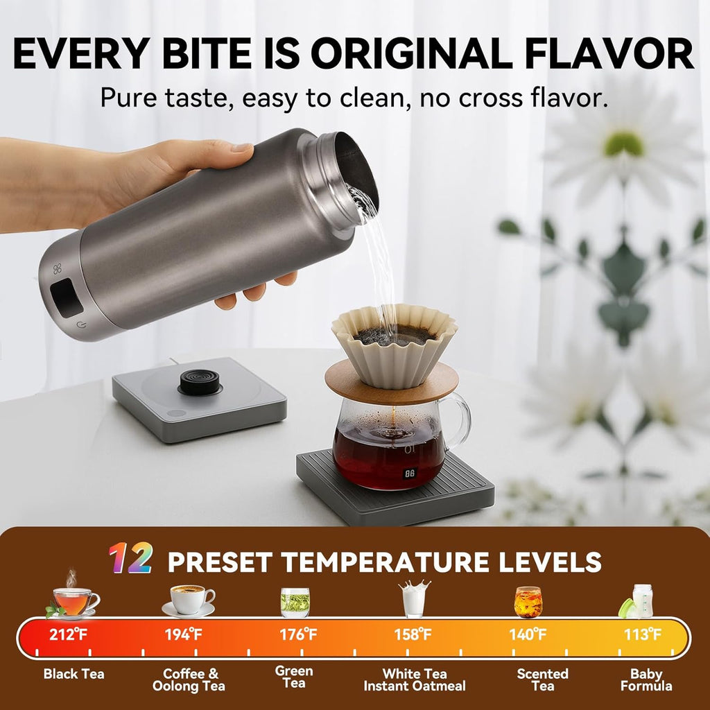Pure Titanium Travel Kettle,Dual Voltage Portable Electric Kettle 110V-240V Smart Small Water Boiler for Tea & Coffee,12 Temperature Control,Auto Shut Off & Boil Dry Protection (Gray,380ML)
