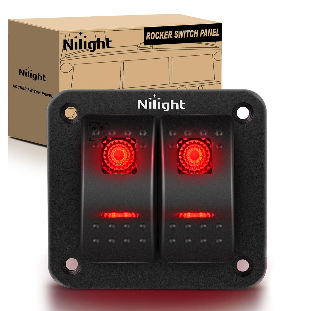 Nilight 2 Gang Rocker Switch Panel 12V 24V DC Red Switches Aluminum 5Pin ON Off PreWired Toggle Waterproof for Cars Boats ATVs UTVs