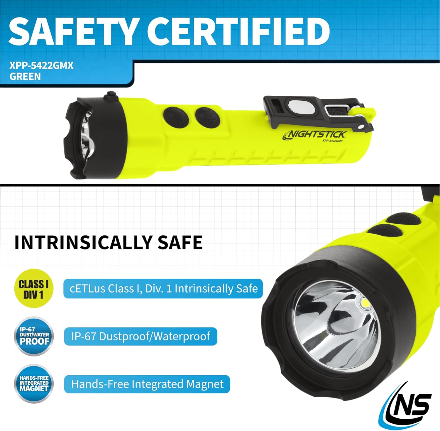 Nightstick XPP-5422GMX X-Series Intrinsically Safe Dual-Light Flashlight with Dual Magnets, Green/Black