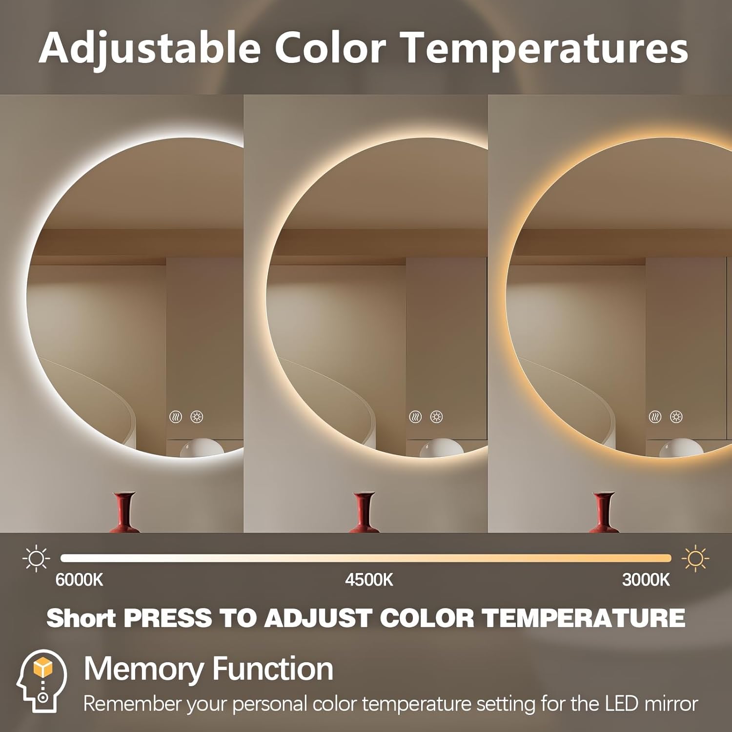 Niccy Round Led Mirror for Bathroom, 36" Circle Frameless Backlit Mirror wiht Light, Anti-Fog, 3 Colors, Waterproof, Memory Function