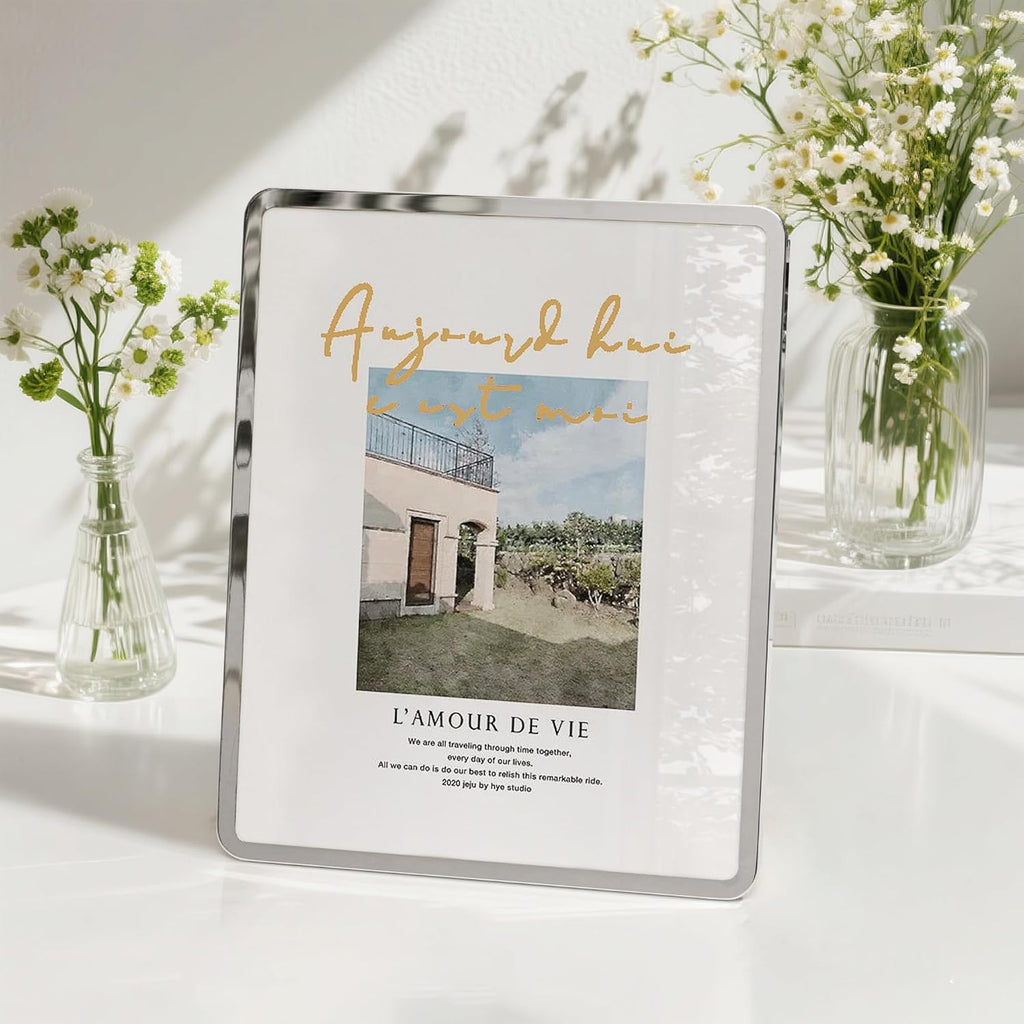Axeman 8x10 Picture Frame-Metal Rounded Corner Frame 8x10, 8''x10''Photo Frame with Tempered Glass,Tabletop and Wall Display, One-Piece 8 By 10 Metal Picture Frame for images, Silver