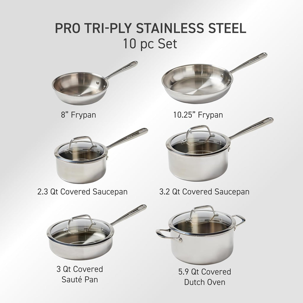 T-Fal Pro Tri-Ply Stainless Steel Cookware Set, 10 Piece-Induction Compatible, Oven Safe 500F, Lids-350F, Even Heat, Professional Quality, Durable, Induction Pots and Pans Set, Silver