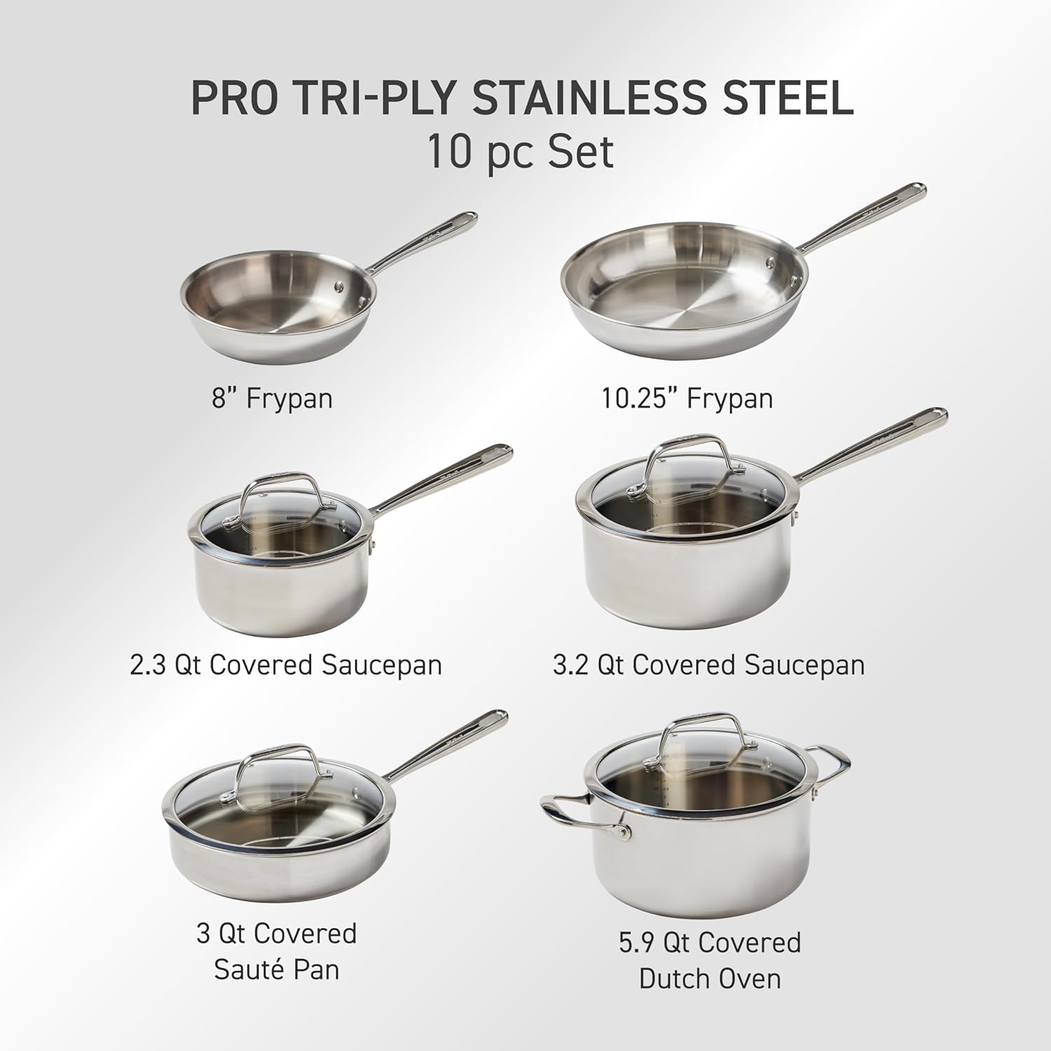 T-Fal Pro Tri-Ply Stainless Steel Cookware Set, 10 Piece-Induction Compatible, Oven Safe 500F, Lids-350F, Even Heat, Professional Quality, Durable, Induction Pots and Pans Set, Silver