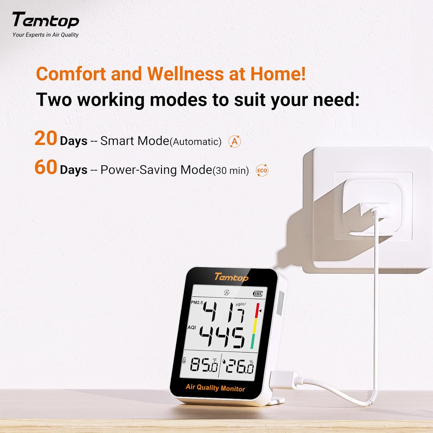 Temtop Air Quality Monitor Indoor Thermo-Hygrometer - PM2.5, AQI, Temperature, and Humidity Meter for Home, Office, or School, Air Quality Measurement, 60-Day Battery Life