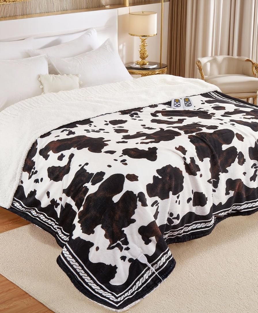 CAROMIO Heated Electric Blanket Queen Size with LCD Dual Controller, Cow Print Heating Blankets, 10 Heat Levels & 1-12H Time Settings, ETL Certified, Machine Washable, Brown Black, 84" x 90"