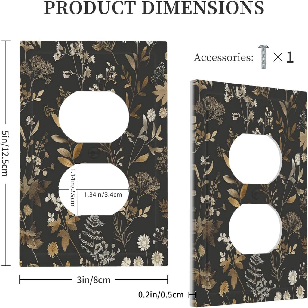 Outlet Covers Black Gold Floral Dark Leaves Vintage Flowers 1 Gang Duplex Light Switch Cover Decorative Switch Plates Electrical Receptacle Faceplate Wall Plate for Bed Room Home Decor