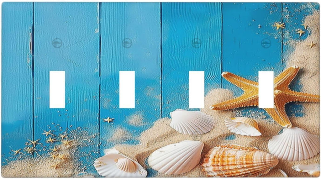 Light Switch Covers Blue Wood Grain Beach Shell Starfish Quad Toggle Electrical Faceplate 4 Gang Wall Plate Decorative Switch Plates for Bathroom Farmhouse Decor