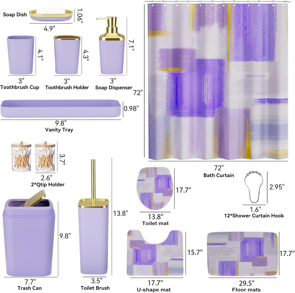 Bathroom Set - Purple and Gold Bathroom Accessories Set, Bathroom Sets with Shower Curtain and Rugs, Purple Shower Curtain Set with Bathroom Trash Can, Soap Dispenser, Soap Dish for Home Decor
