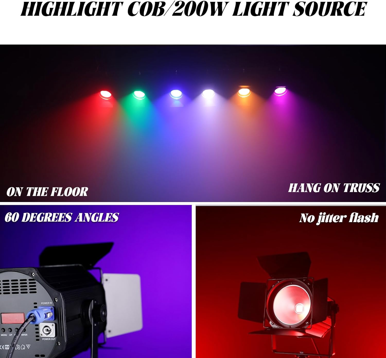 COB Stage Lights with Barn Doors, COB Par Light 200W LED RGBWAUV, DMX512 Master-Slave Sound DJ Lighting Spotlight Fresnel for Church Concert Wedding (6-Colors Style, 1)