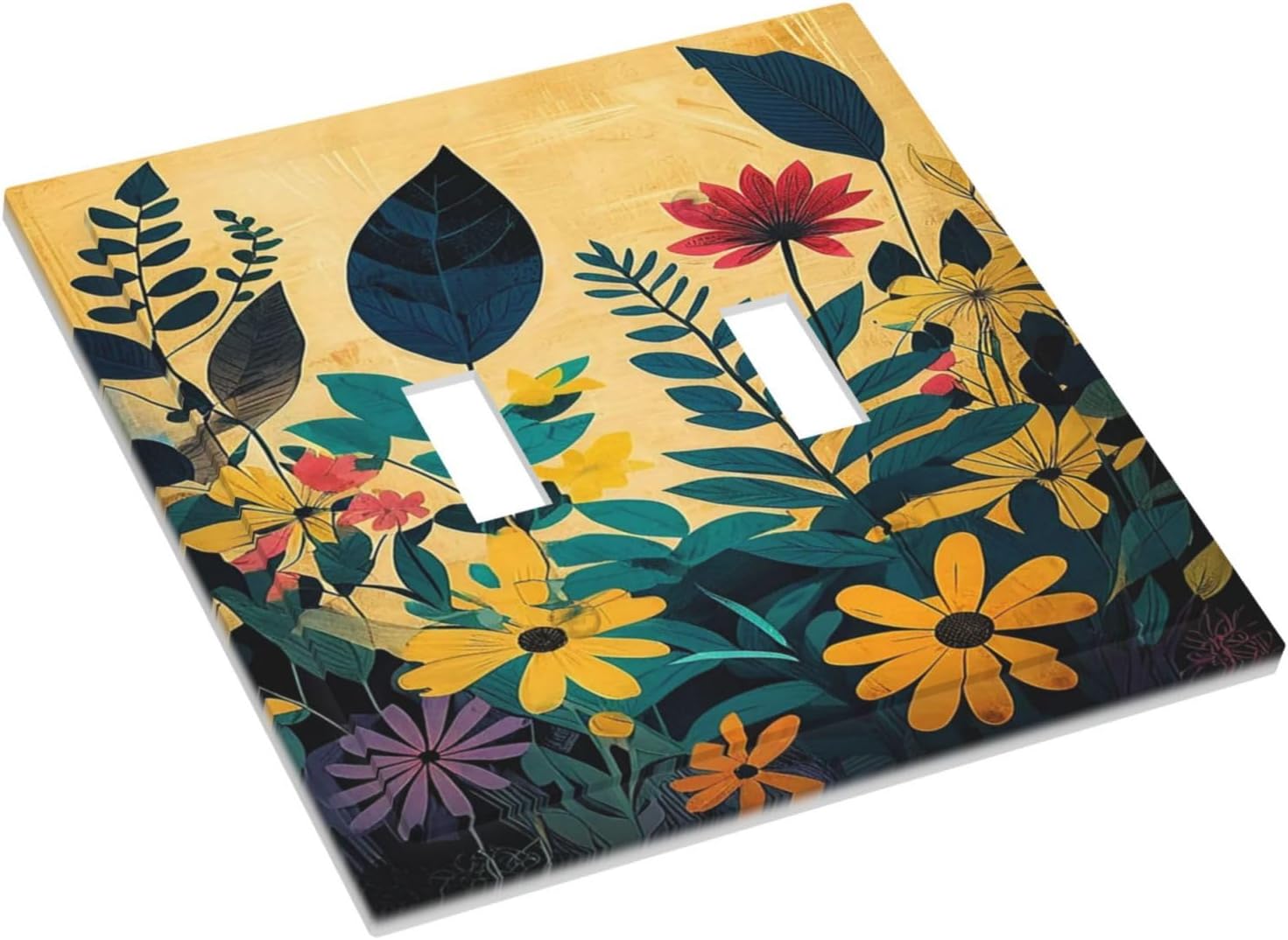 Abstract Minimalist Floral Botanical Boho Flower 2 Gang Double Toggle Light Switch Cover Decorative Switchplate Electrical Wall Plates Faceplate for Bathroom Bedroom Decor 4.9 X 5 IN