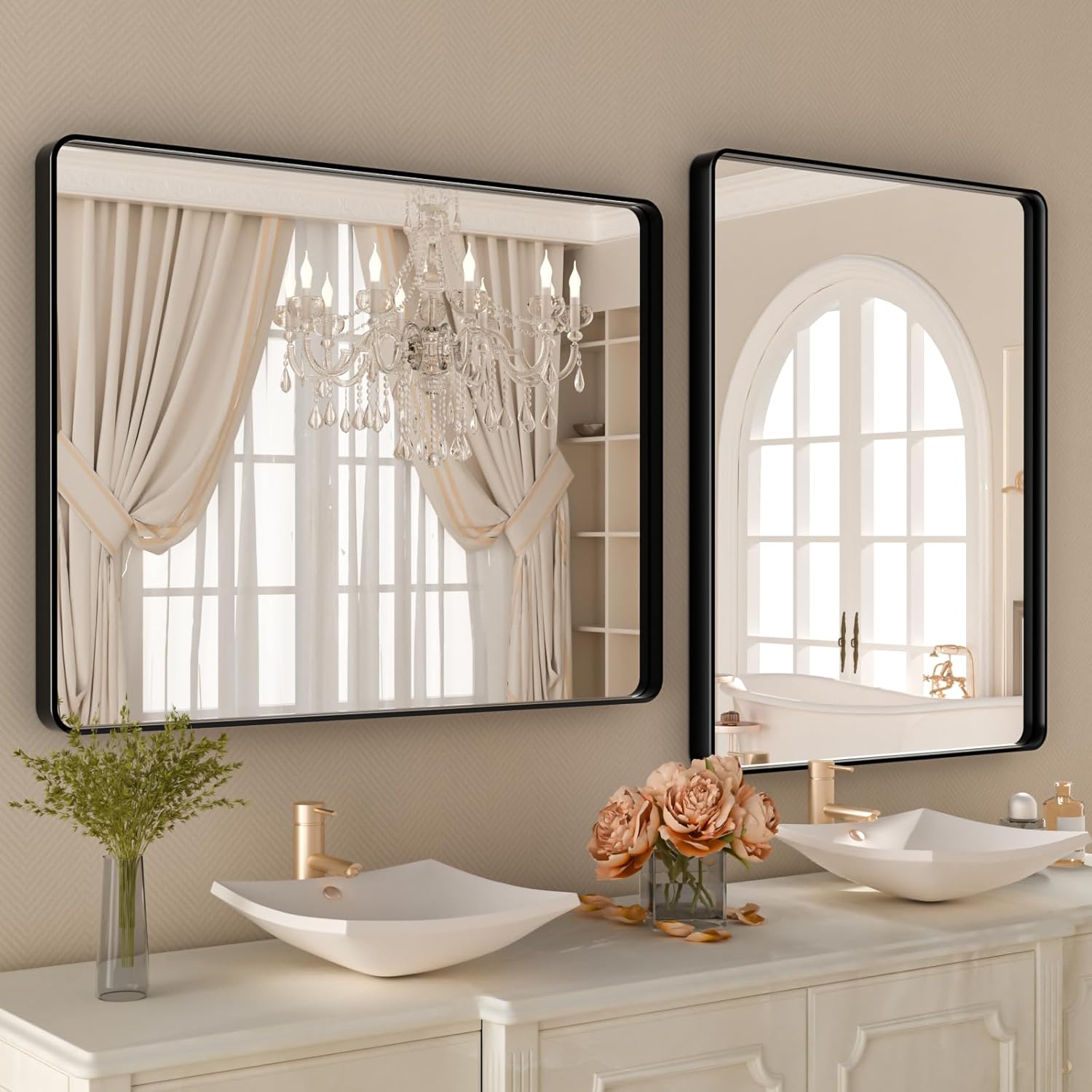 Black Mirror for Bathroom 40x32 Inch,Black Metal Frame Vanity Mirror for Wall,Rounded Corner Rectangle Matte Black Mirror,Tempered Glass,Anti-Rust (Horizontal/Vertical)