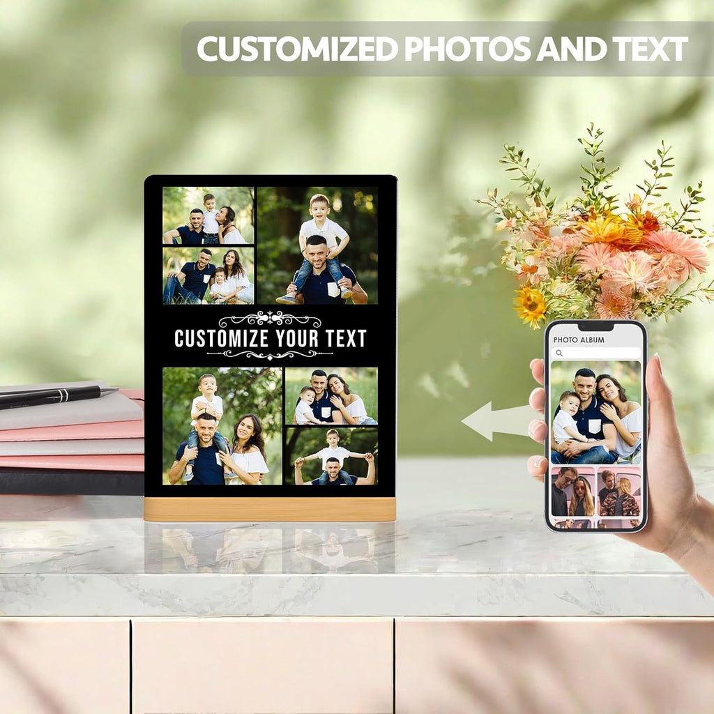 Custom Photo Prints - Metal Desktop Picture Frame with Photos & Name & Wooden Base Personalized Gifts for Family Friends Lovers and Pets, Optional Multiple Sizes