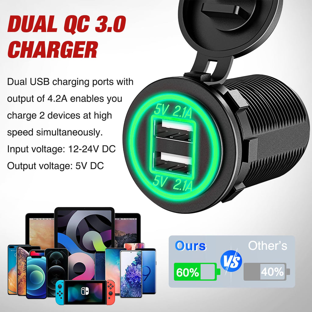 Nilight 4 in 1 ON/Off Charger Socket Panel Dual USB Socket Power Outlet LED Voltmeter Cigarette Lighter Sockets Led Lighted On Off Rocker Toggle Switch for Truck Car Marine Boats RV