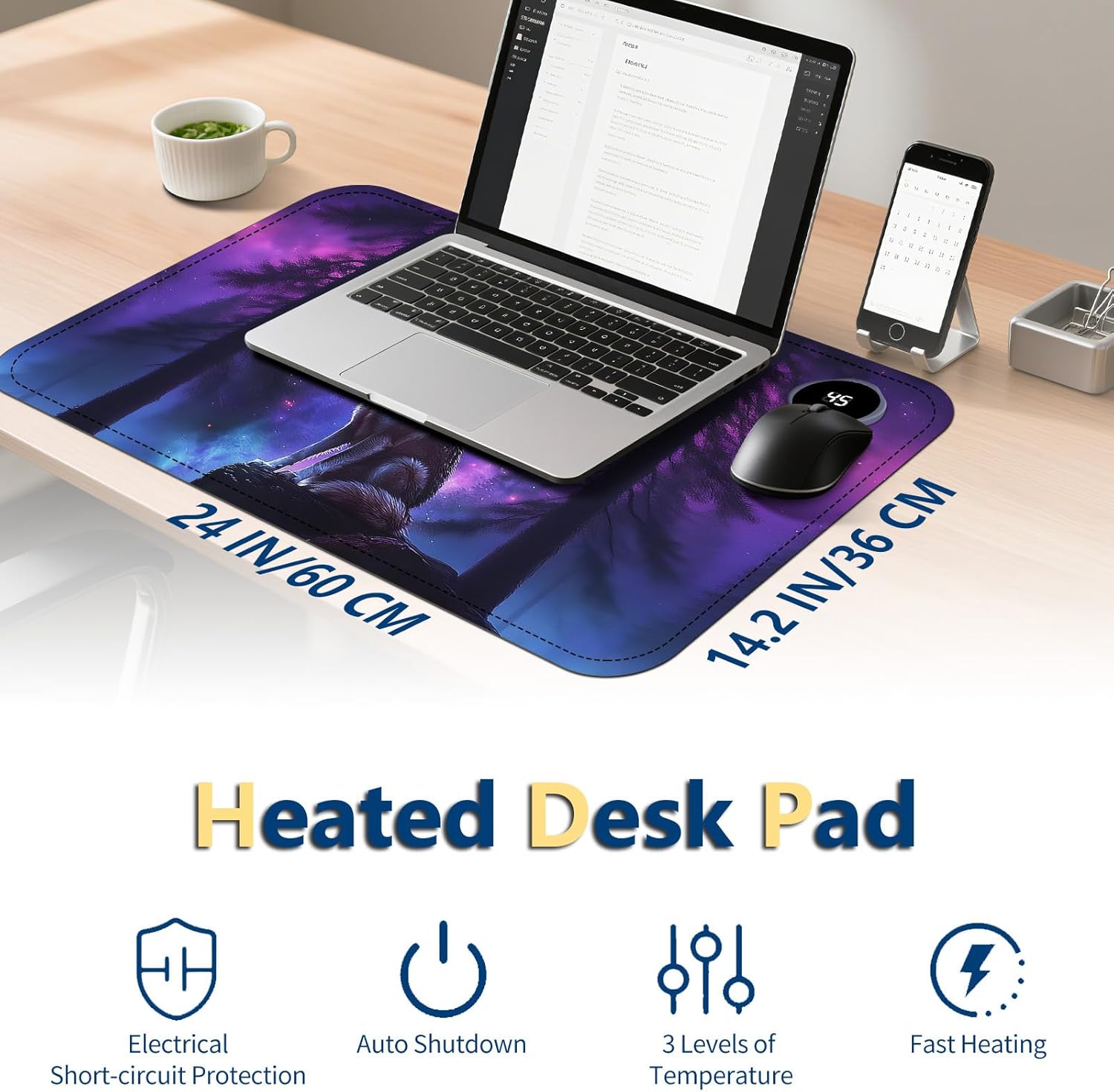Heated Mouse Pad with 3 Temperature Settings(104°F–122°F),Large 24x14.2 Inch PU Leather Heated Desk Mat,Waterproof Warming Pad for Office,Gaming & Cold Hands Relief,Moon Wolf Howling