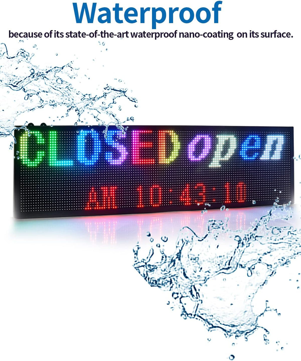 Commercial P7 LED Sign Board: 40x11 Inch Waterproof Double-Sided Full-Color Display with USB & WiFi for Programmable Scrolling Messages, High-Brightness for Indoor/Outdoor All-Weather Use
