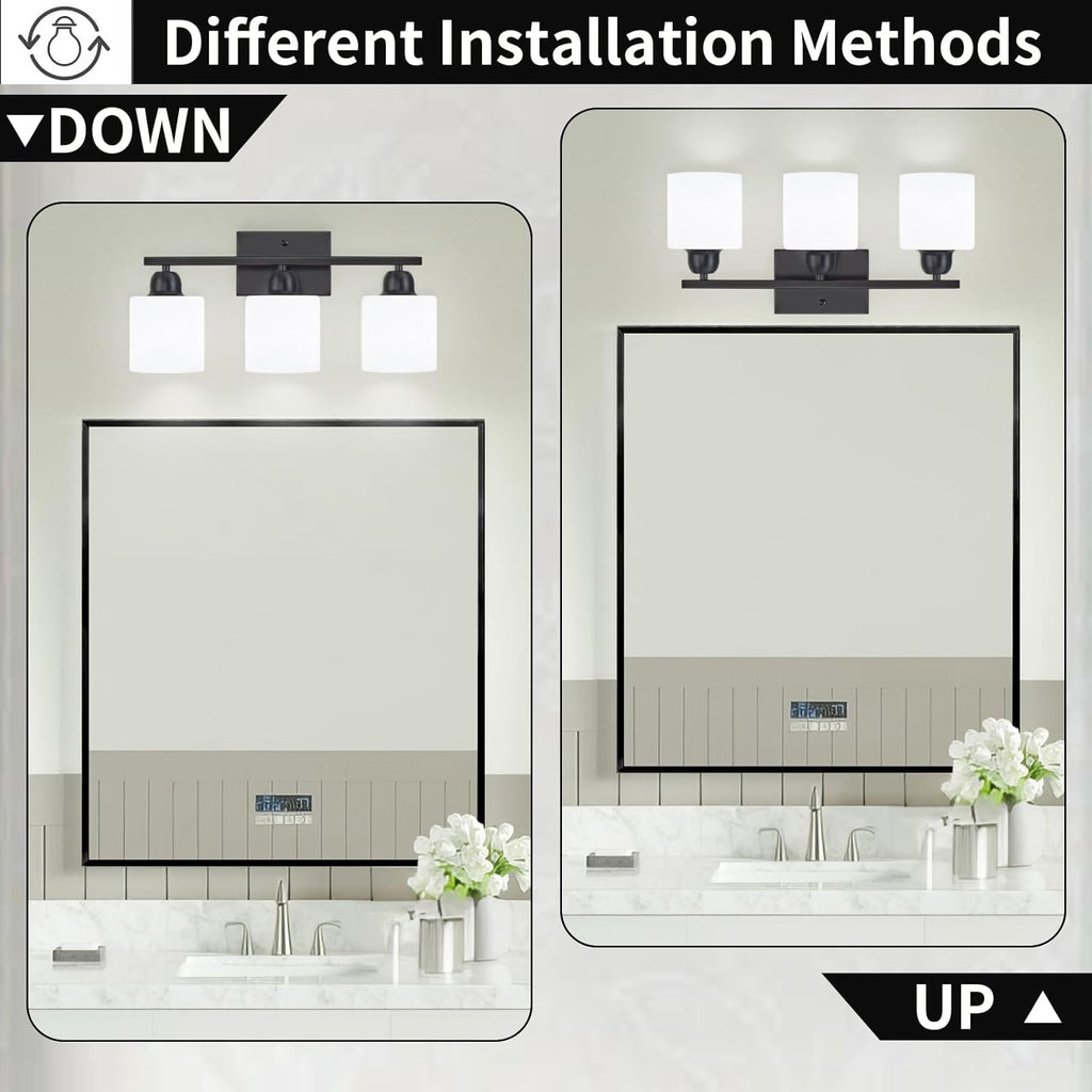 3-Light Bathroom Light Fixtures, Black Bathroom Vanity Lights with Milky White Frosted Glass Shades, Black Vanity Light for Bathroom Mirror, Bedroom, Living Room, Vanity Table, E26 Base