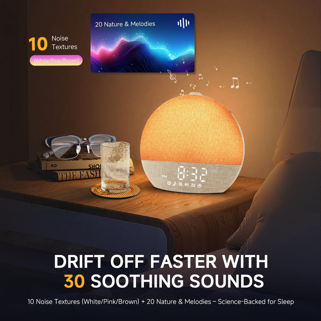 Sunrise Alarm Clock White Noise Sound Machine for Bedroom | Natural Wake-Up Light with 30 Soothing Sleep Aids, Bluetooth Speaker, Dimmable Clock, Screen-Free Design for Baby Adults Kids-Khaki
