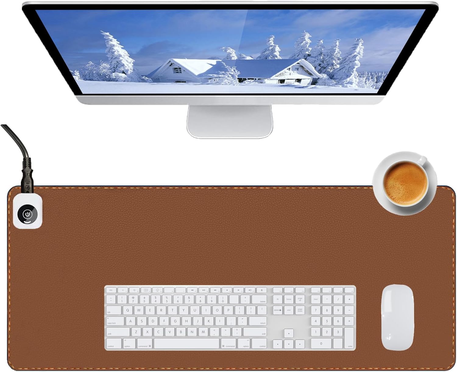 Heated Desk Pad Mouse Pad - Heated Desk Mat - Warm Desk Pad - 3 Levels Heating & 4 Hours Auto Shut-Off, PU Leather Mouse Pad - 31.5 x 13 inch (Brown)
