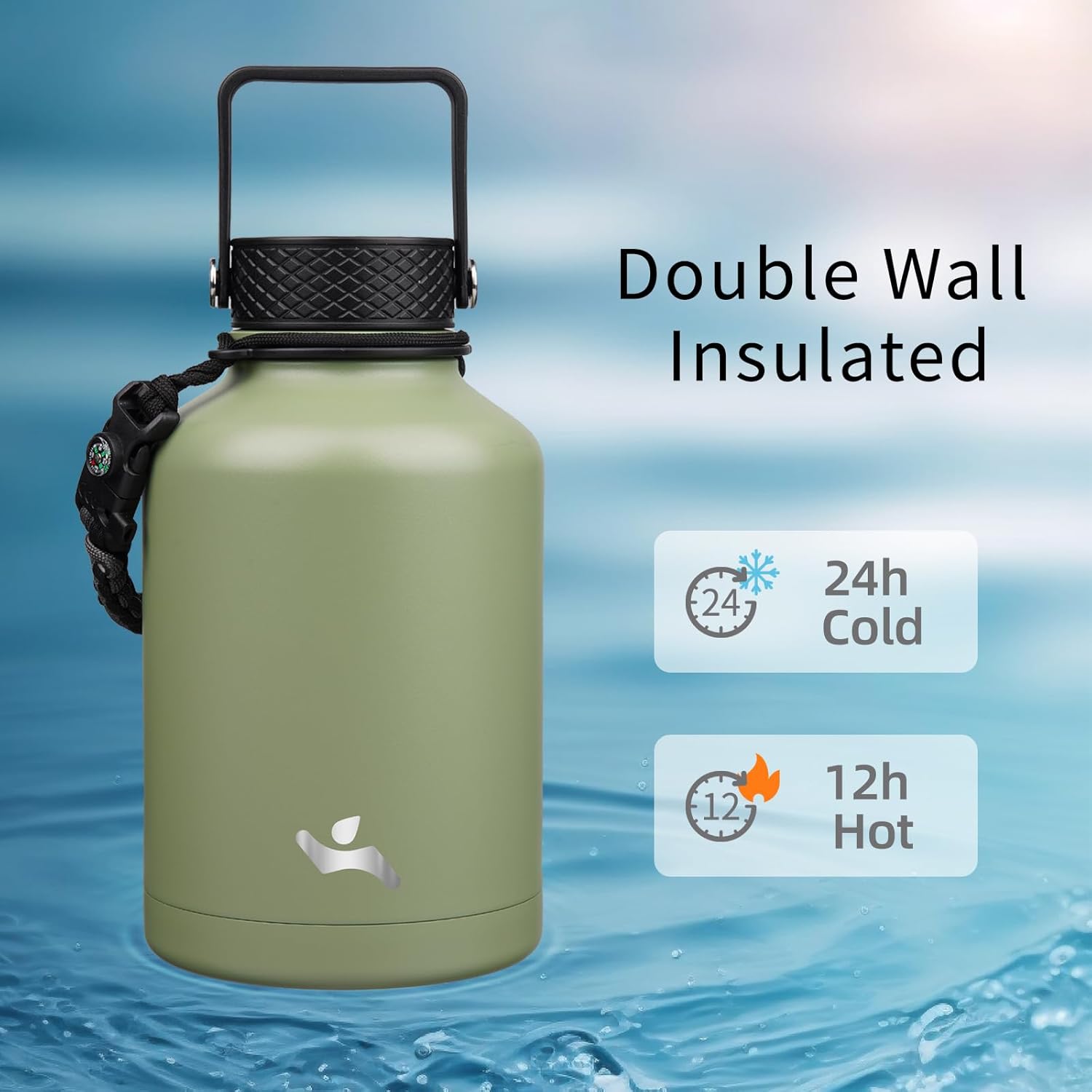 Insulated Water Bottle with Straw,50 oz 3 Lids Water Jug with Carrying Bag,Paracord Handle,Double Wall Vacuum Stainless Steel Metal Flask,Camp Green