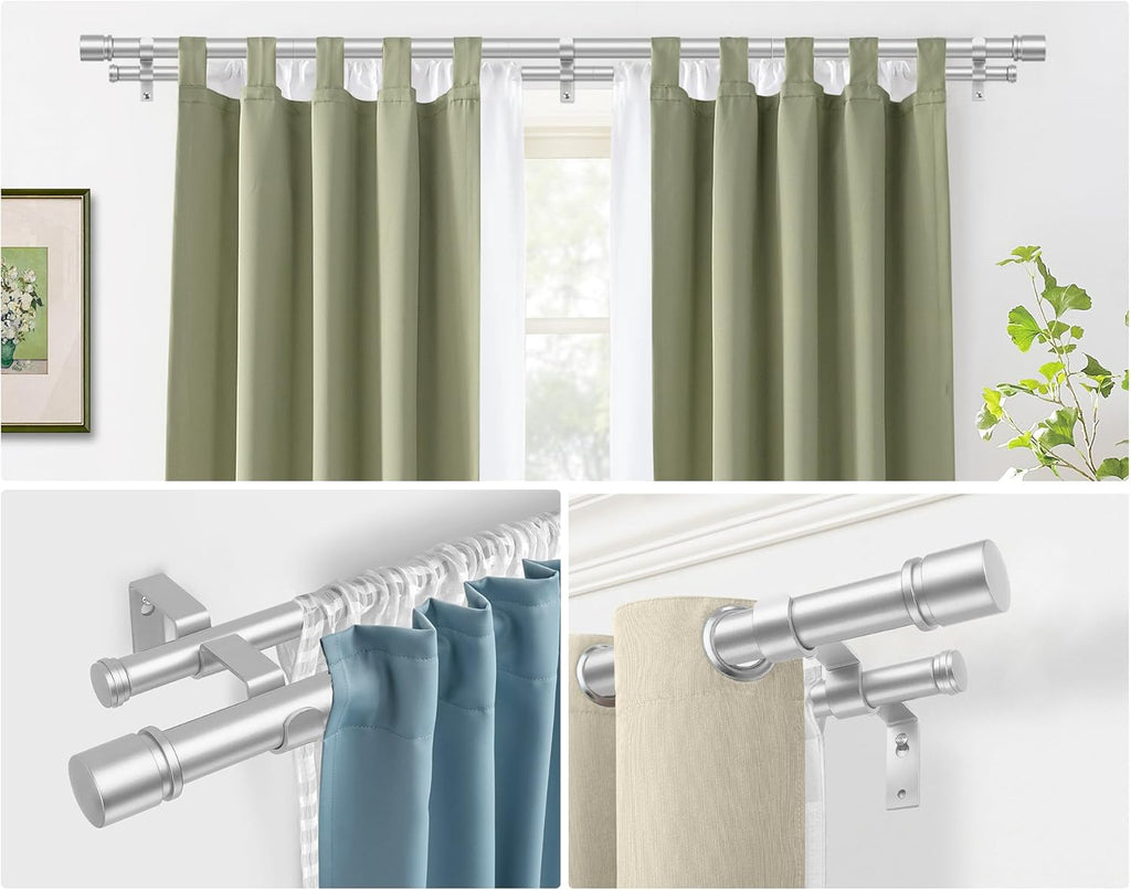 Double Curtain Rod 72 to 144 Inch, HOTOZON 1 Inch Heavy Duty Curtain Rods for Windows, Telescoping Double Drapery Rod with Simple Cap Finials, Silver