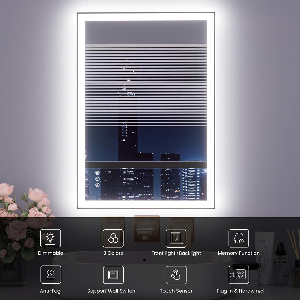 WTTY 24"X32" LED Bathroom Mirror with Black Frame, Bathroom Vanity Mirror with Lights for Wall, Front Light and Backlit, Anti-Fog, Dimmable, 3 Colors, Shatterproof, Memory, Horizontal/Vertical