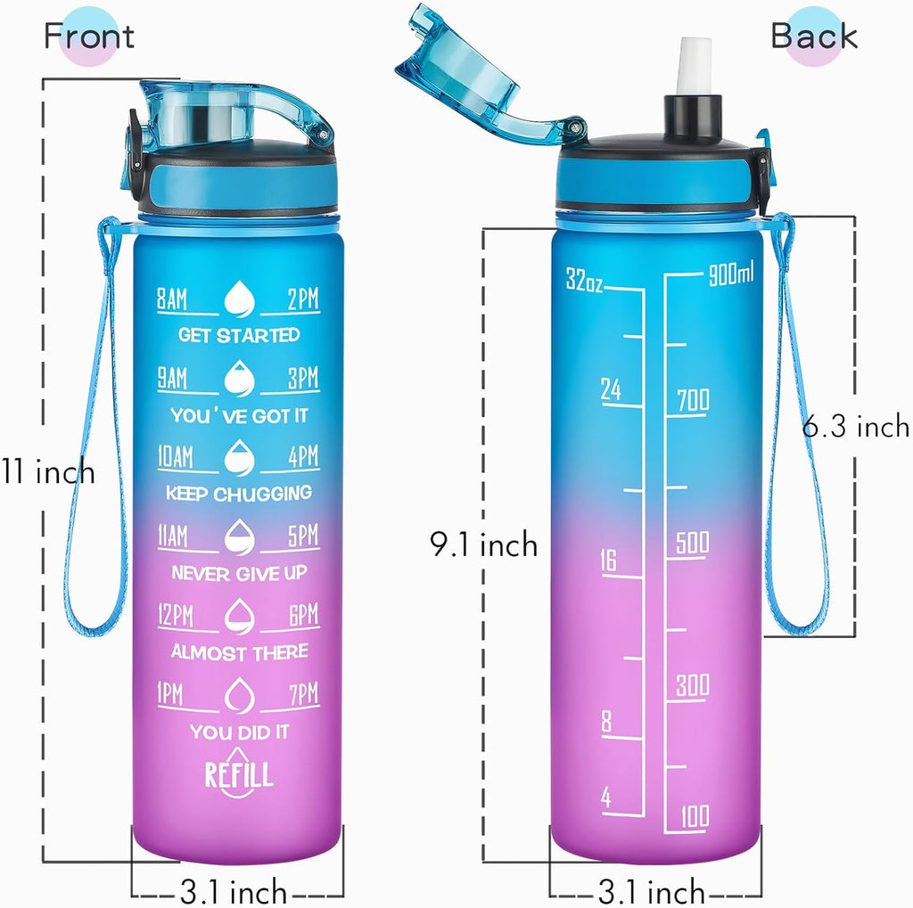 Enerbone Water Bottle, Leakproof BPA & Toxic Free, Motivational Water Bottle with Times to Drink and Straw, Fitness Sports Water Bottle with Strap for Office, Gym, Outdoor Sports
