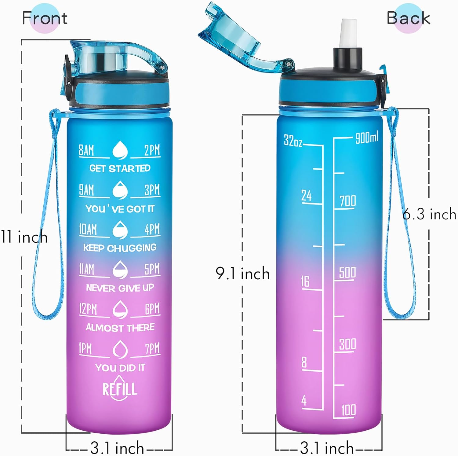 Enerbone Water Bottle, Leakproof BPA & Toxic Free, Motivational Water Bottle with Times to Drink and Straw, Fitness Sports Water Bottle with Strap for Office, Gym, Outdoor Sports