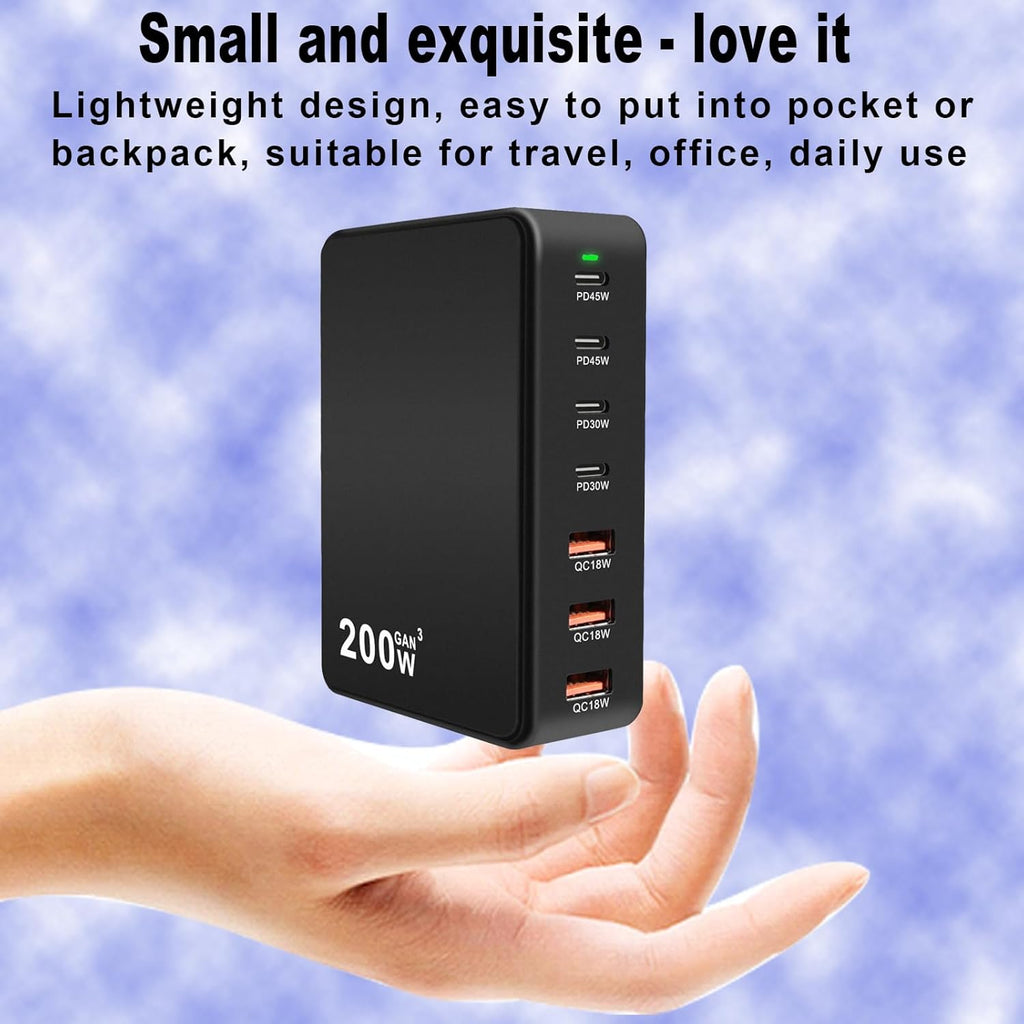 USB C Charger Charging Station 200W 7-Port GaN Fast Charging Block PD 3.0 TypeC and USB A Wall Charger Laptop Power Adapter for All iPhone16/15/14 iPad Samsung Android Pixel Series (Black)