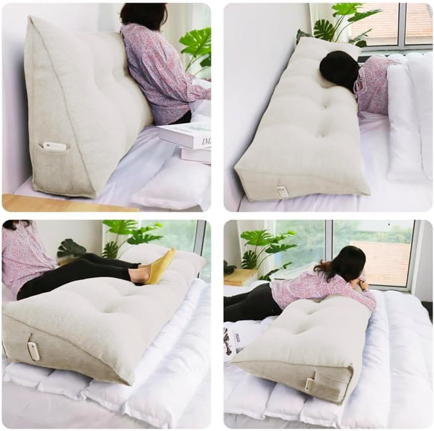 WOWMAX Wedge Pillow Headboard Dorm Headboard Twin XL Bed Wedge Pillow Bolster Pillow for Bed with Removable Cover, 85% Linen 15% Cotton Blend, Pure White