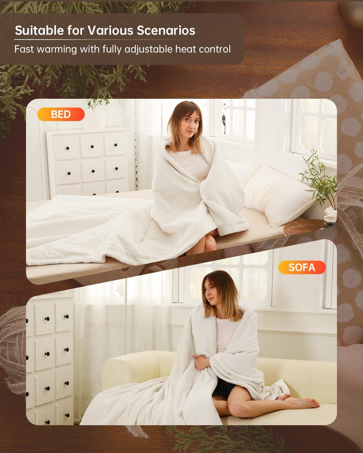 Electric Heated Blanket Throw Size, Washable Blanket Warmer for Home for Adults, Fast Heating Super Cozy Soft Fabric, 50" x 60", 9 Heat Levels, 1-9H Auto-Off, ETL Certified, Cream